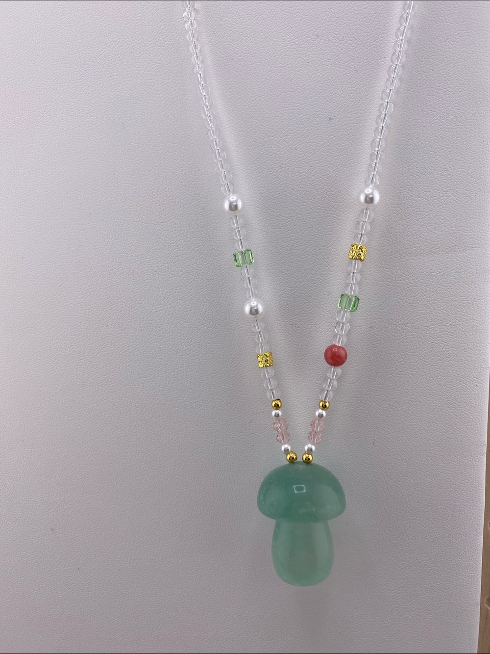 Authentic Green Fluorite Mushroom Carving Beaded Crystal Necklace